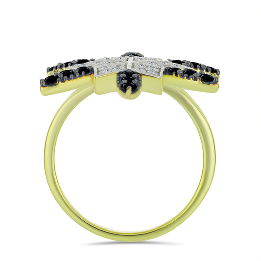 Anel de Prata com Banho de Ouro com Espinela Preta e Topázio Branco Contraste: Cabeca de Veado (800)