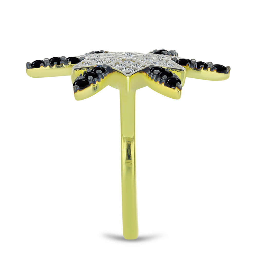 Anel de Prata com Banho de Ouro com Espinela Preta e Topázio Branco Contraste: Cabeca de Veado (800)