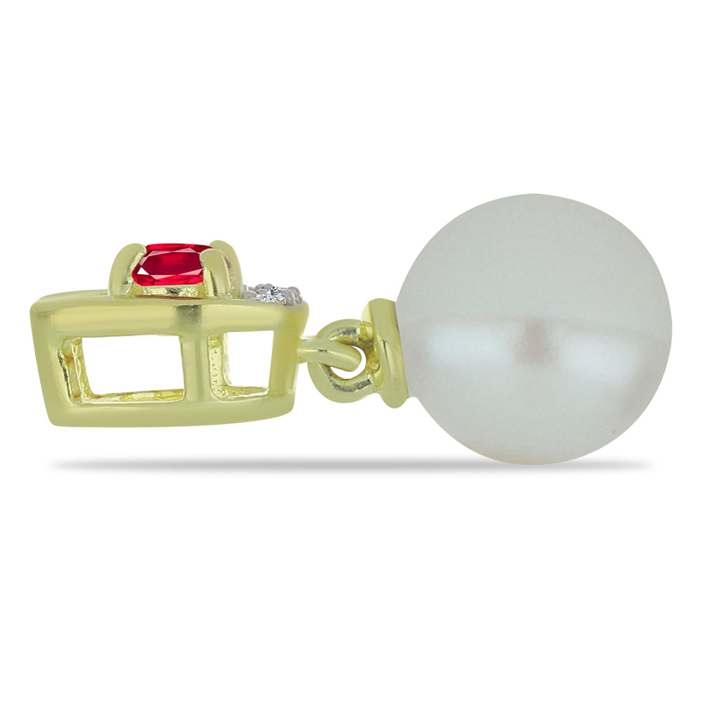 Pendente de Prata com Banho de Ouro com Pérola Branca de Água Doce e Rubi de Madagáscar