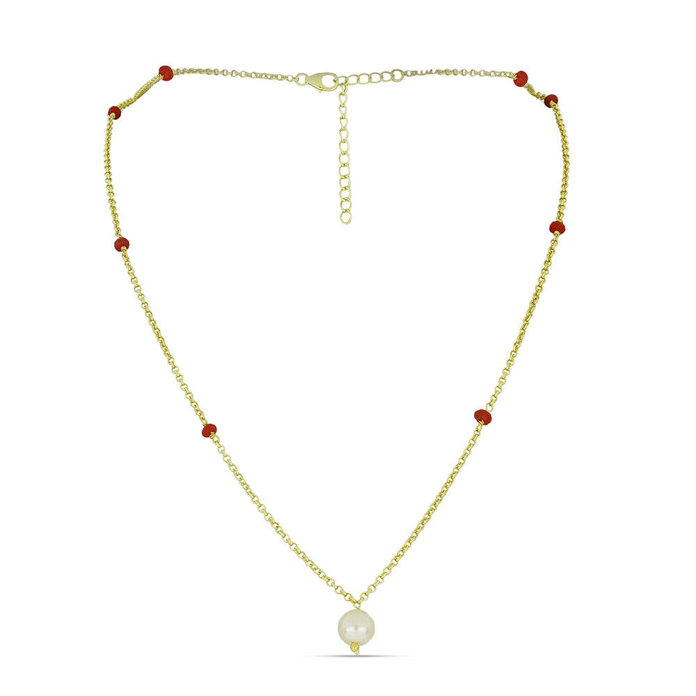 Colar de Prata com Banho de Ouro com Pérola Branca de Água Doce e Rubi de Madagáscar Contraste: Cabeca de Veado (800)