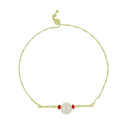 Pulseira de Prata com Banho de Ouro com Pérola Branca de Água Doce e Rubi de Madagáscar