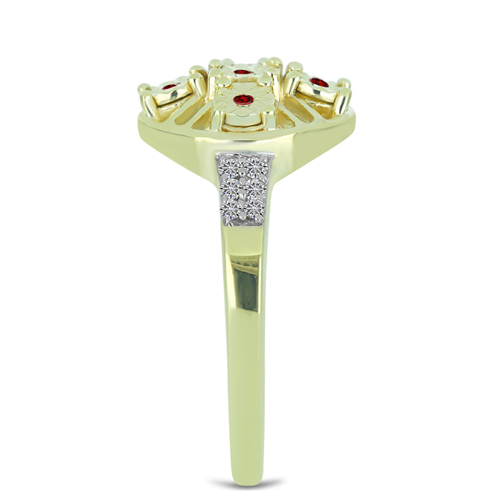 Anel de Prata com Banho de Ouro com Diamante Vermelho e Diamante Branco Contraste: Cabeca de Veado (800)