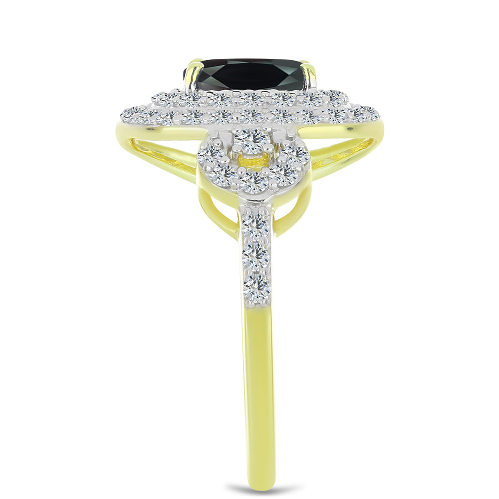 Anel de Prata com Banho de Ouro com Obsidiana e Topázio Branco Contraste: Cabeca de Veado (800)