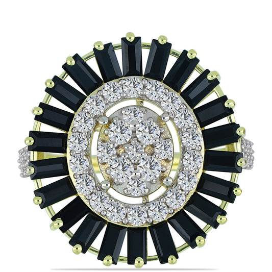 Anel de Prata com Banho de Ouro com Obsidiana e Topázio Branco Contraste: Cabeca de Veado (800)