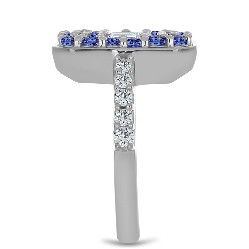 Anel de Prata com Tanzanite e Topázio Branco Contraste: Cabeca de Veado (800)