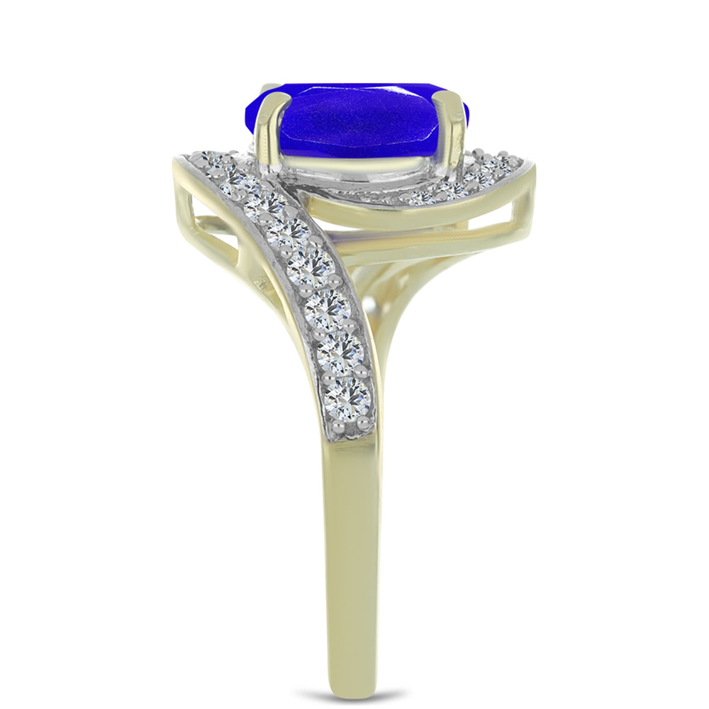 Anel de Prata com Banho de Ouro com Ágata Azul e Topázio Branco Contraste: Cabeca de Veado (800)