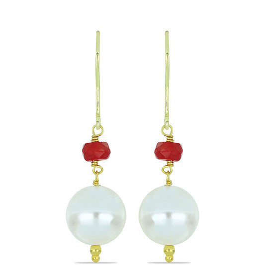 Brincos de Prata com Banho de Ouro com Pérola Branca de Água Doce e Rubi de Madagáscar