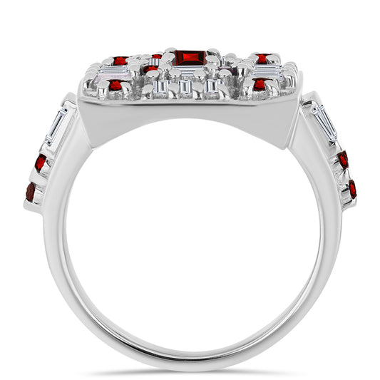 Anel de Prata com Granada de Barton e Zircão Branco Contraste: Cabeca de Veado (800)