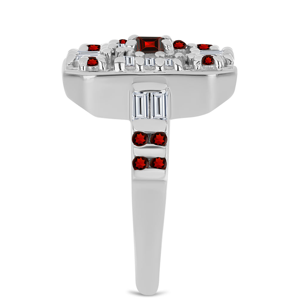 Anel de Prata com Granada de Barton e Zircão Branco Contraste: Cabeca de Veado (800)