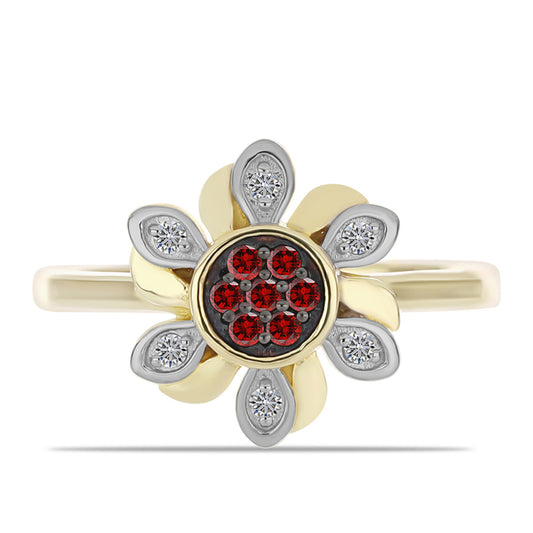 Anel de Prata com Banho de Ouro com Diamante Vermelho e Diamante Branco Contraste: Cabeca de Veado (800)
