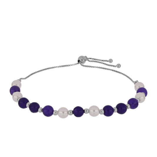 Pulseira de Prata com Jade Roxa e Pérola Branca de Água Doce