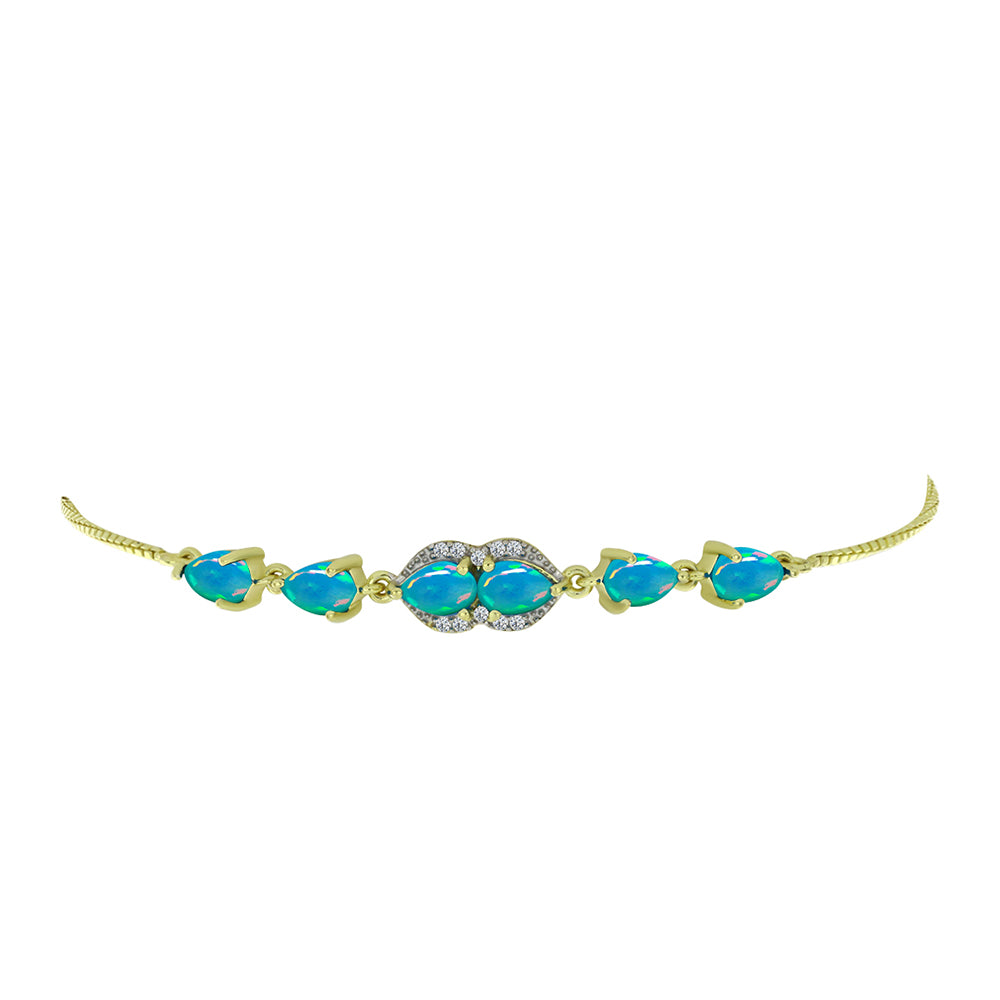Pulseira de Prata com Banho de Ouro com Opala Azul Paraib da Etiópia e Topázio Branco Contraste: Cabeca de Veado (800)