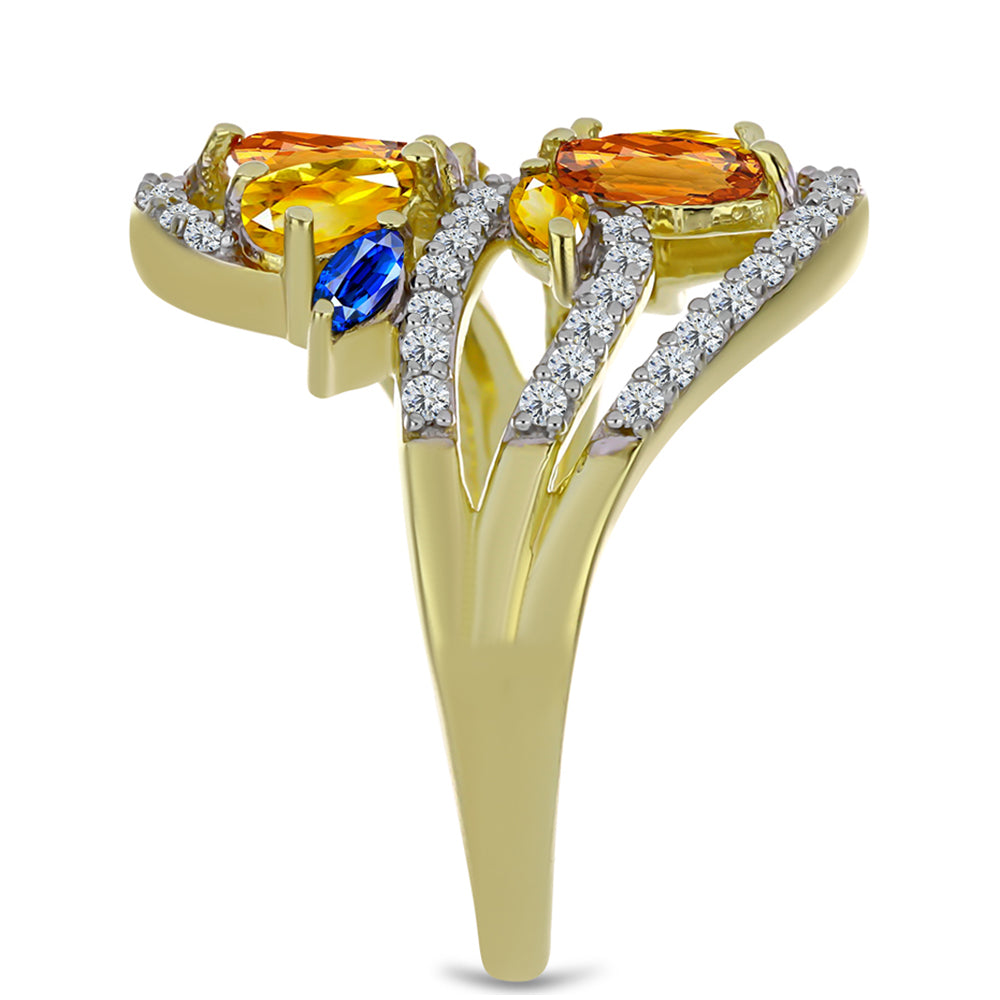 Anel de Prata com Banho de Ouro com Safira Arco-íris de Rosebery e Topázio Branco Contraste: Cabeca de Veado (800)