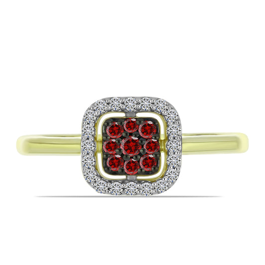 Anel de Prata com Banho de Ouro com Diamante Vermelho e Diamante Branco