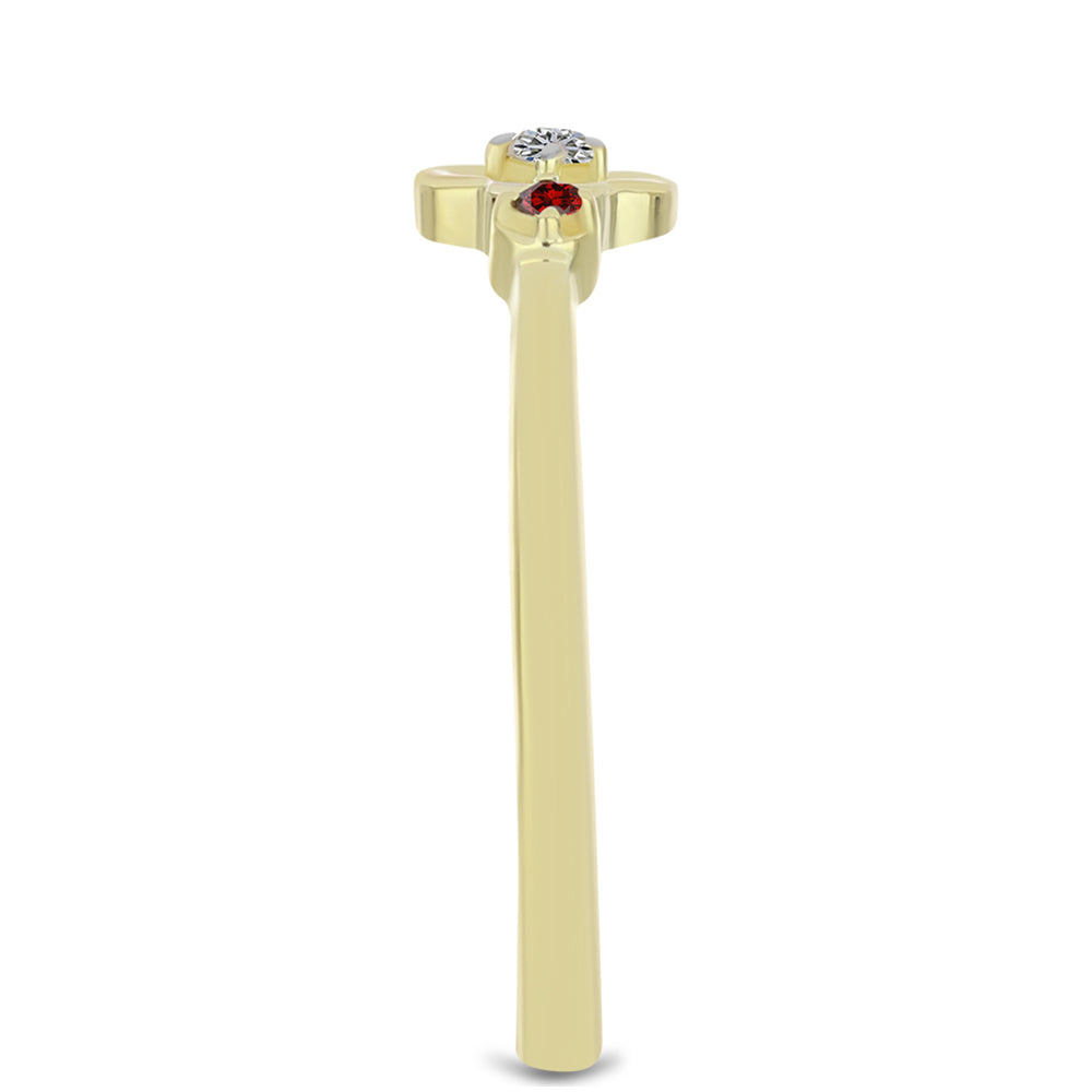 Anel de Prata com Banho de Ouro com Diamante Vermelho e Diamante Branco