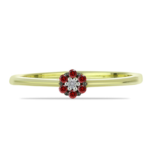 Anel de Prata com Banho de Ouro com Diamante Vermelho e Diamante Branco