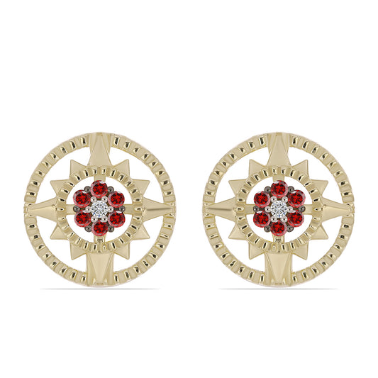 Brincos de Prata com Banho de Ouro com Diamante Vermelho e Diamante Branco