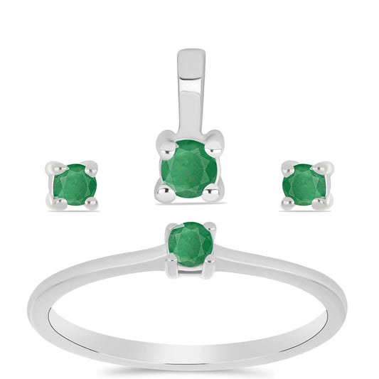 Conjunto de Prata com Esmeralda do Brasil ( Brincos+Anel+Pendente )