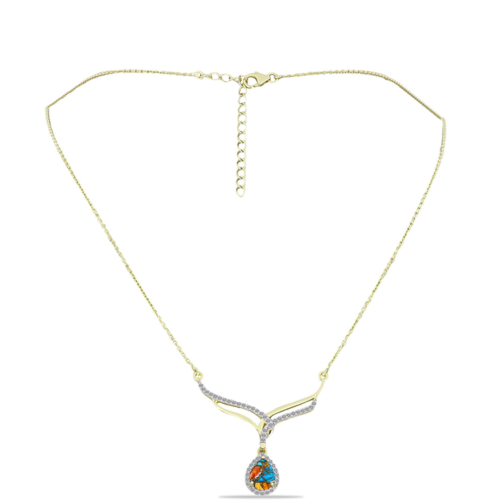 Colar de Prata com Banho de Ouro com Ostra Turquesa e Topázio Branco Contraste: Cabeca de Veado (800)