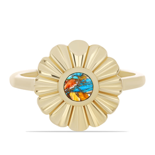 Anel de Prata com Banho de Ouro com Ostra Turquesa Contraste: Cabeca de Veado (800)