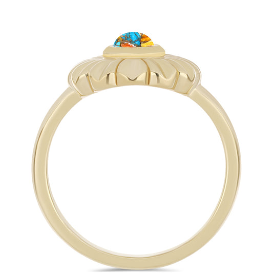 Anel de Prata com Banho de Ouro com Ostra Turquesa Contraste: Cabeca de Veado (800)