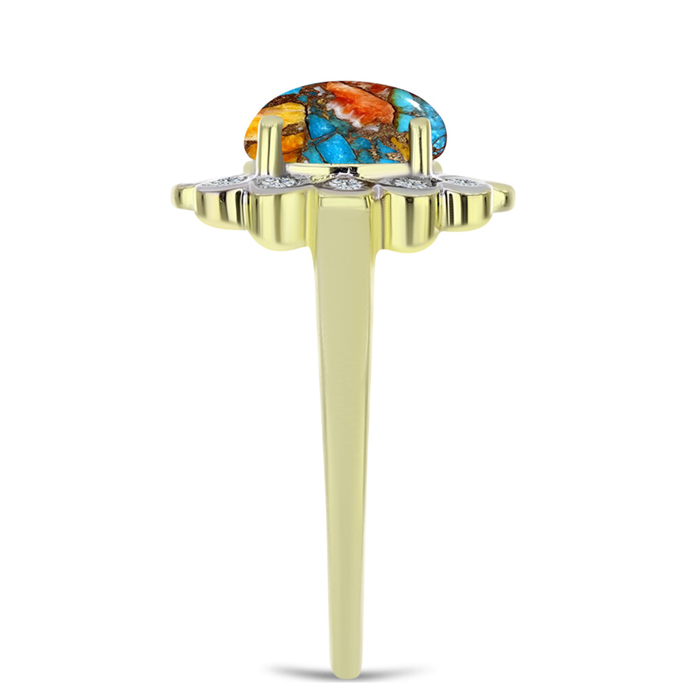 Anel de Prata com Banho de Ouro com Ostra Turquesa e Topázio Branco