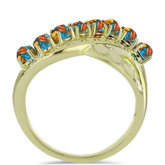 Anel de Prata com Banho de Ouro com Ostra Turquesa Contraste: Cabeca de Veado (800)