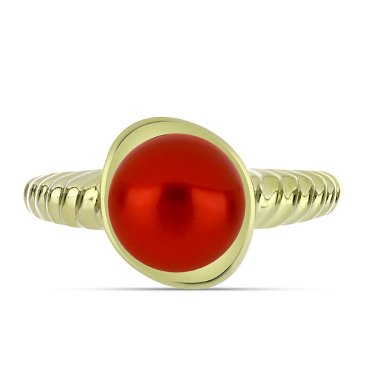 Anel de Prata com Banho de Ouro com Pérola Vermelha de Água Doce Contraste: Cabeca de Veado (800)