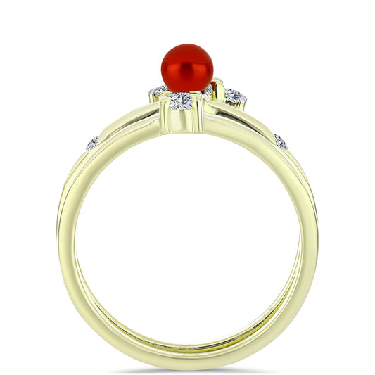 Conjunto de Prata com Banho de Ouro com Pérola Vermelha de Água Doce e Topázio Branco ( Anel ) Contraste: Cabeca de Veado (800)