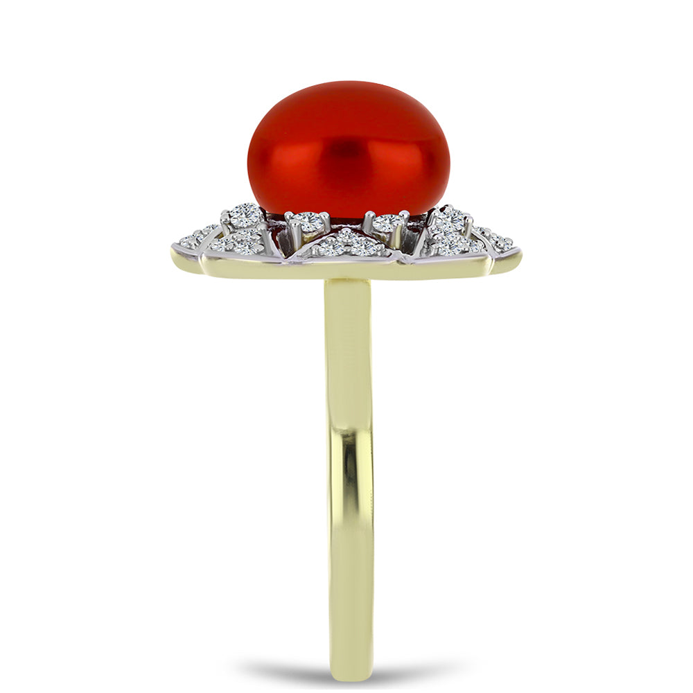 Anel de Prata com Banho de Ouro com Pérola Vermelha de Água Doce e Topázio Branco Contraste: Cabeca de Veado (800)