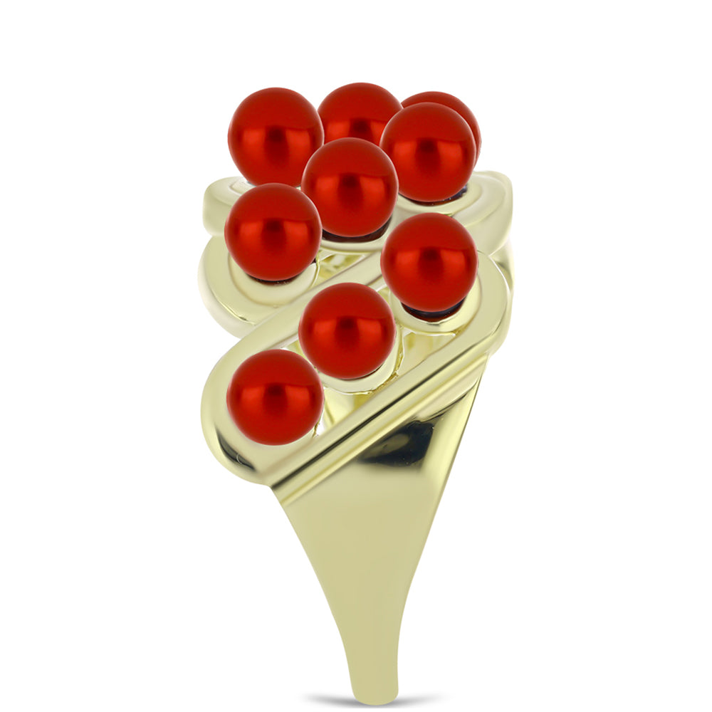 Anel de Prata com Banho de Ouro com Pérola Vermelha de Água Doce Contraste: Cabeca de Veado (800)