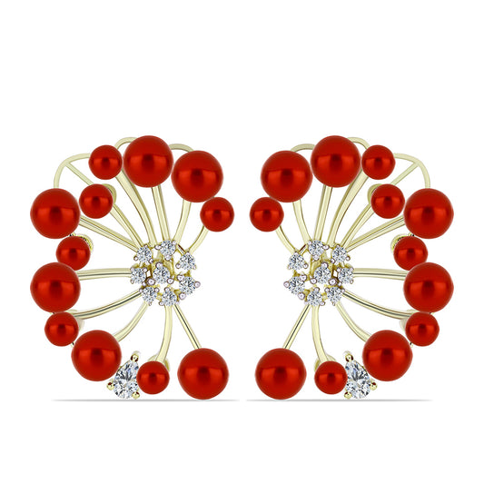 Brincos de Prata com Banho de Ouro com Pérola Vermelha de Água Doce e Topázio Branco Contraste: Cabeca de Veado (800)