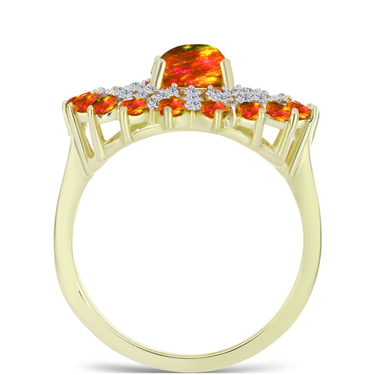 Anel de Prata com Banho de Ouro com Opala Fogo Americano e Topázio Branco Contraste: Cabeca de Veado (800)