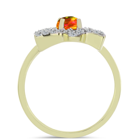 Anel de Prata com Banho de Ouro com Opala Fogo Americano e Topázio Branco Contraste: Cabeca de Veado (800)