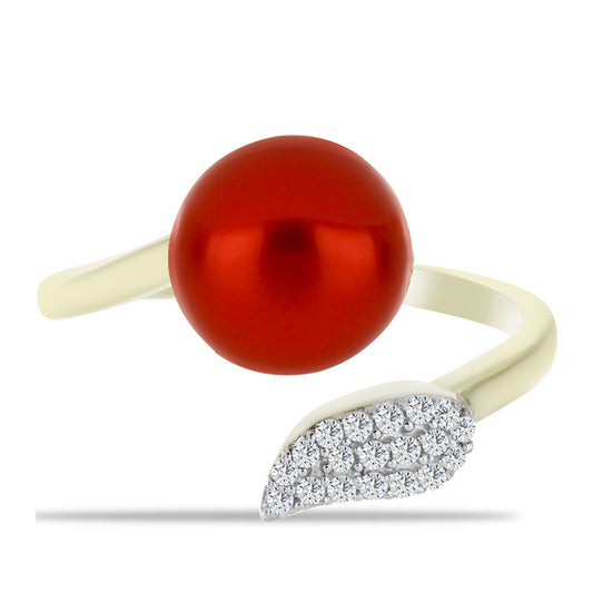 Anel de Prata com Banho de Ouro com Pérola Vermelha de Água Doce e Topázio Branco Contraste: Cabeca de Veado (800)