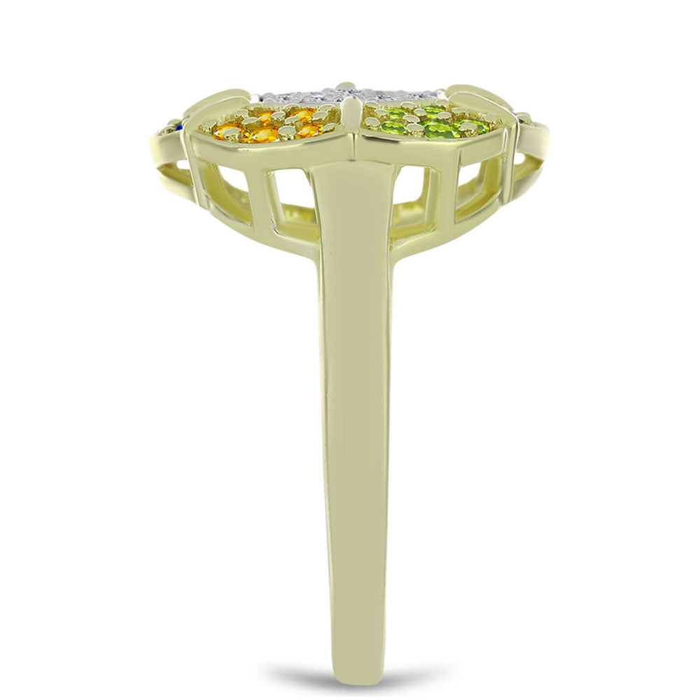 Anel de Prata com Banho de Ouro com Safira Arco-íris de Rosebery e Topázio Branco Contraste: Cabeca de Veado (800)