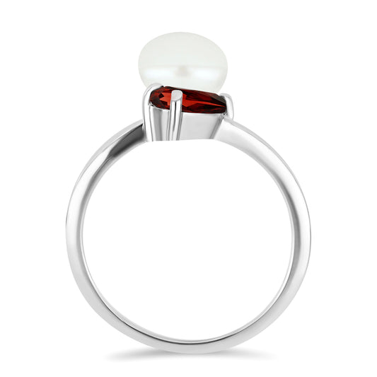 Anel de Prata com Granada de Barton e Pérola Branca de Água Doce