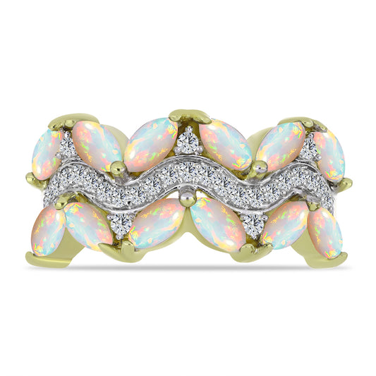 Anel de Prata com Banho de Ouro com Opala da Etiópia de Lega Dembi e Topázio Branco Contraste: Cabeca de Veado (800)