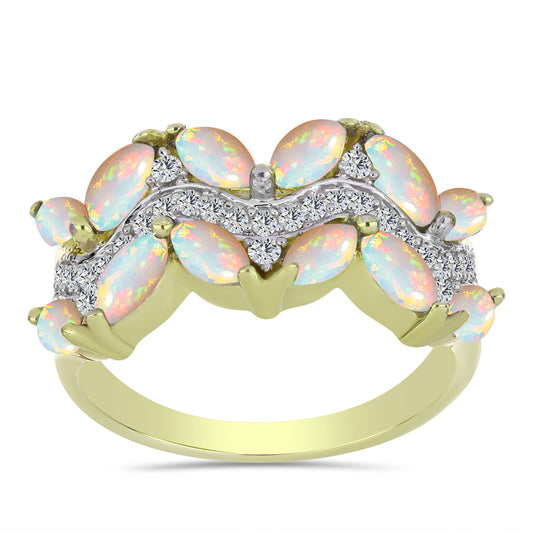 Anel de Prata com Banho de Ouro com Opala da Etiópia de Lega Dembi e Topázio Branco Contraste: Cabeca de Veado (800)