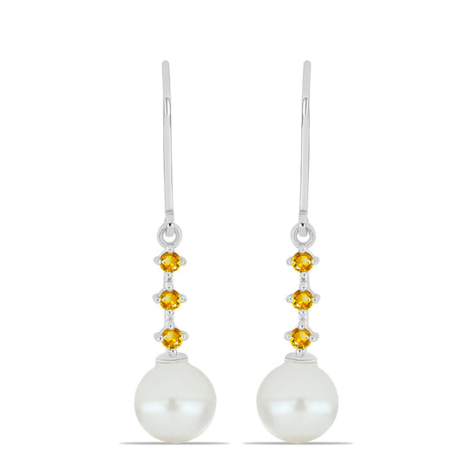 Brincos de Prata com Citrino de Ural e Pérola Branca de Água Doce