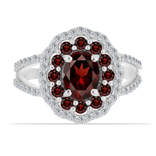 Anel de Prata com Granada de Barton e Topázio Branco Contraste: Cabeca de Veado (800)