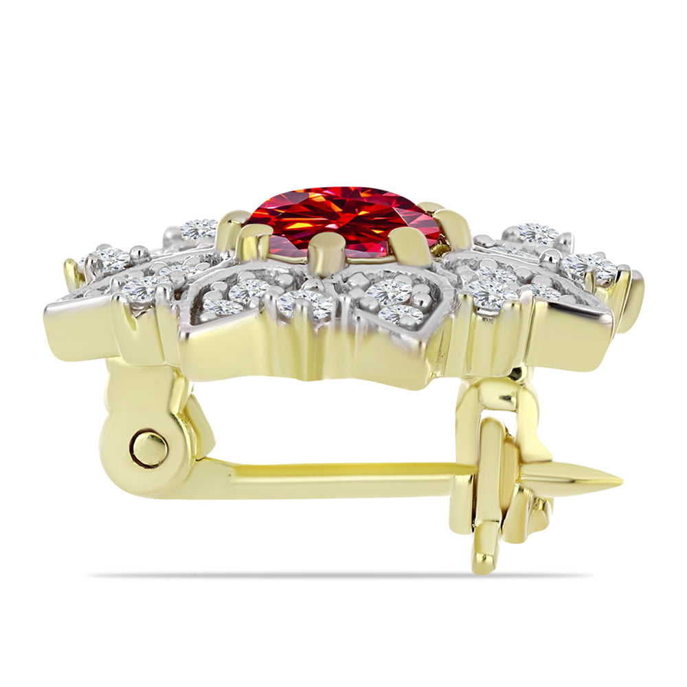 Alfinete de Prata com Banho de Ouro com Moissanite Vermelho Majestoso e Topázio Branco