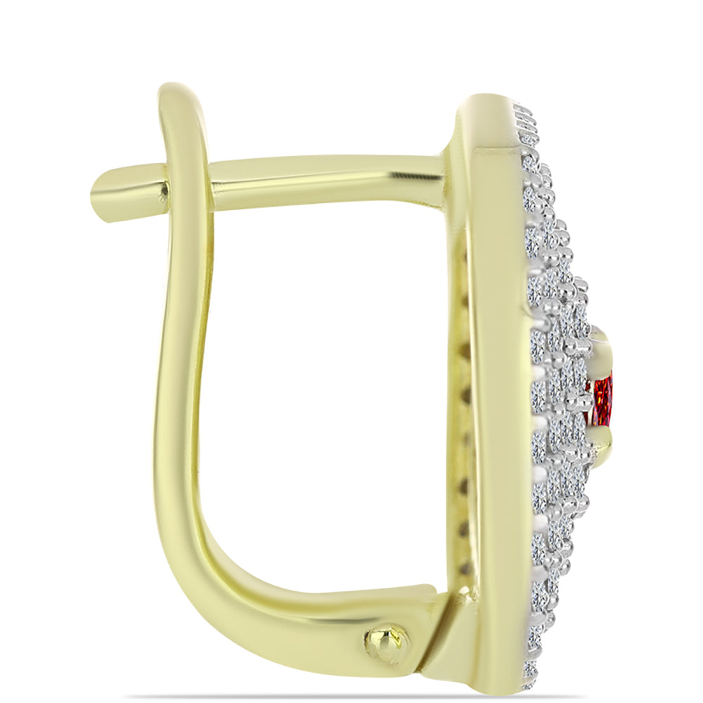 Brincos de Prata com Banho de Ouro com Moissanite Vermelho Majestoso e Topázio Branco Contraste: Cabeca de Veado (800)