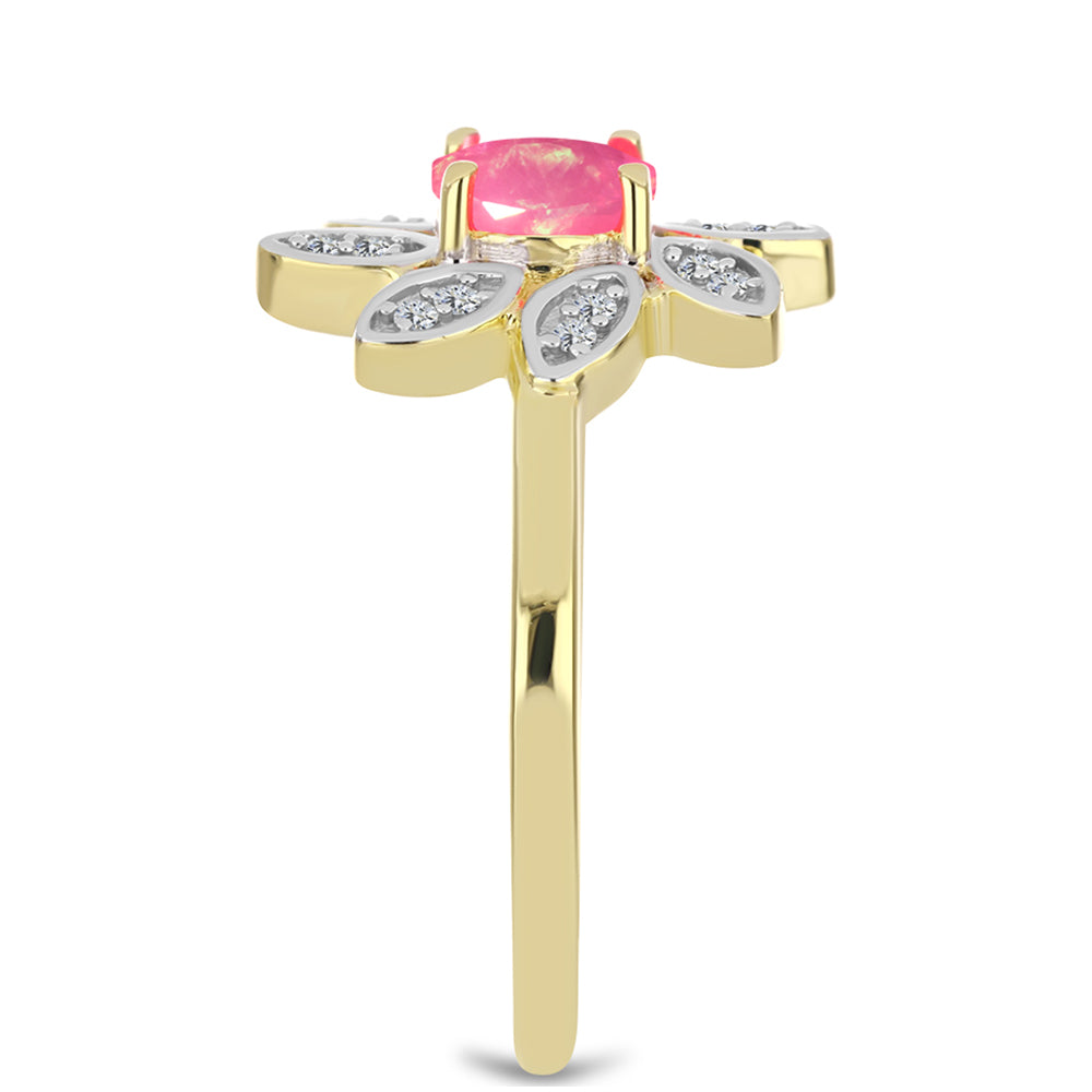 Anel de Prata com Banho de Ouro com Opala Rosa de Lega Dembi da Etiópia e Topázio Branco Contraste: Cabeca de Veado (800)