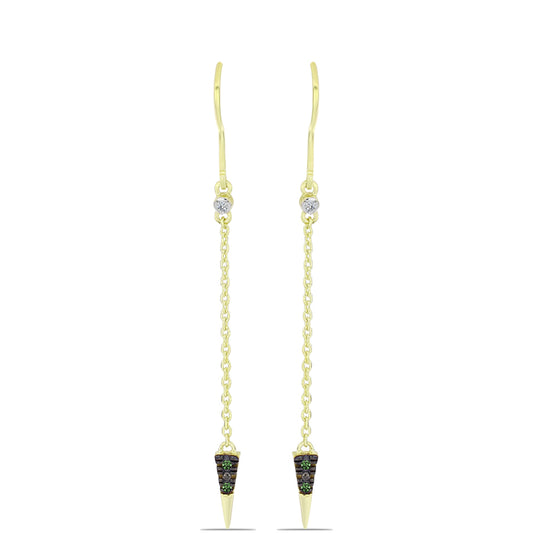 Brincos de Prata com Banho de Ouro com Diamante Verde e Diamante Branco