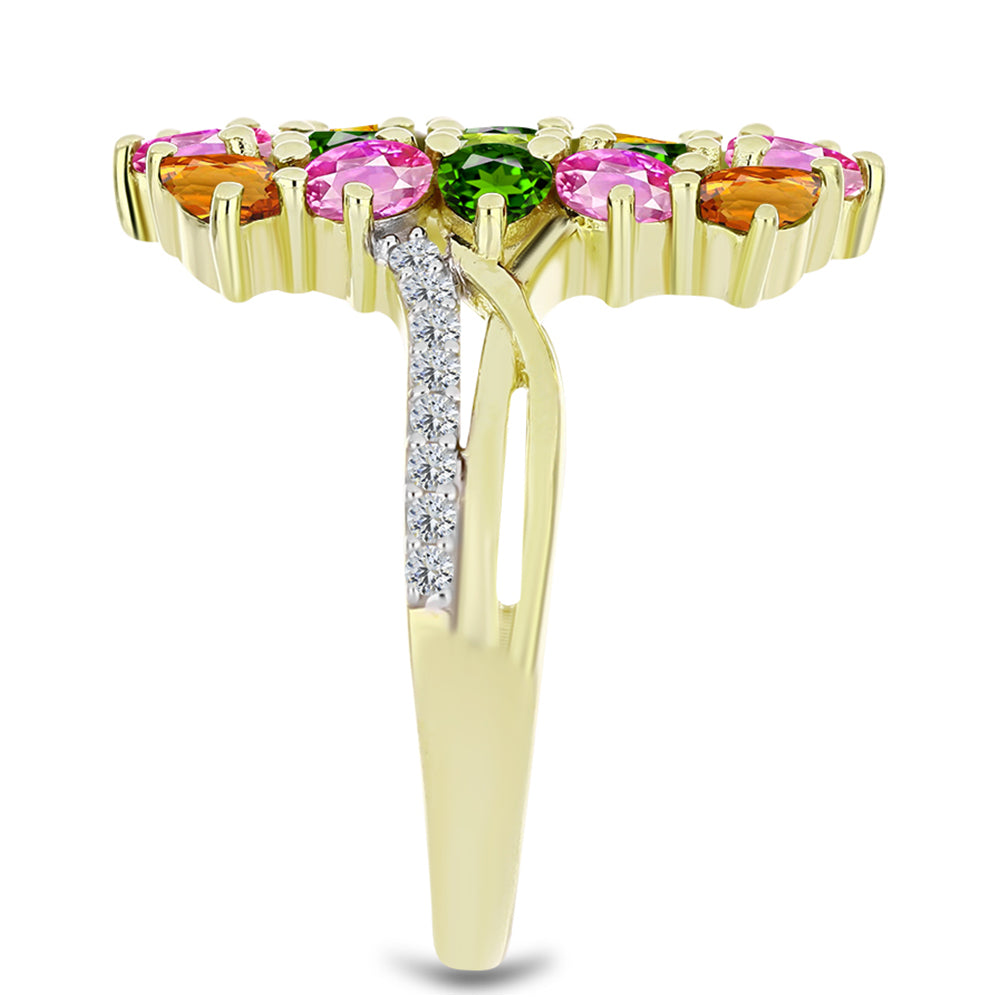 Anel de Prata com Banho de Ouro com Turmalina Chakra e Topázio Branco Contraste: Cabeca de Veado (800)