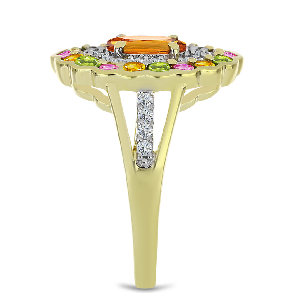 Anel de Prata com Banho de Ouro com Turmalina Chakra e Topázio Branco Contraste: Cabeca de Veado (800)