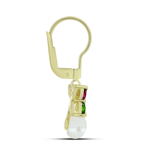 Brincos de Prata com Banho de Ouro com Turmalina Chakra e Pérola Branca de Água Doce