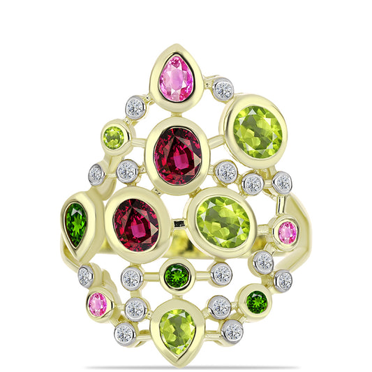 Anel de Prata com Banho de Ouro com Turmalina Chakra e Topázio Branco Contraste: Cabeca de Veado (800)