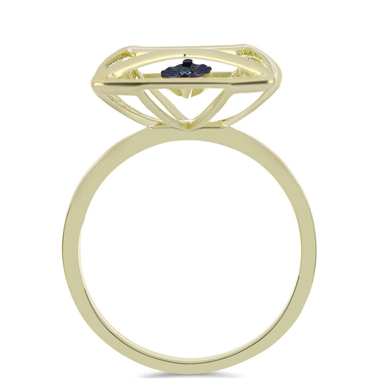 Anel de Prata com Banho de Ouro com Diamante Azul Dançante Contraste: Cabeca de Veado (800)